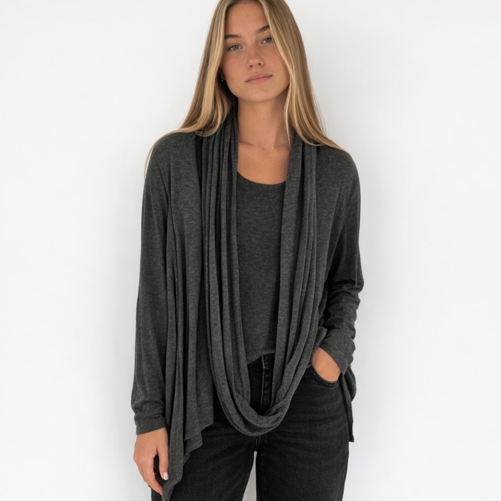 Crosby.  Gray Tunic Top Detachable Scarf  Hood M Minimalist Quiet Luxury CBK